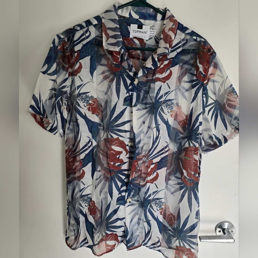 Topman Men's Floral Short Sleeve Shirt - Blue and Brown